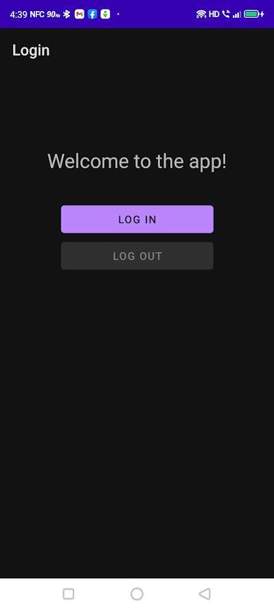 The finished app’s screen when launched. The greeting “Welcome to the app!” appears above the “Log in” and “Log out” buttons.