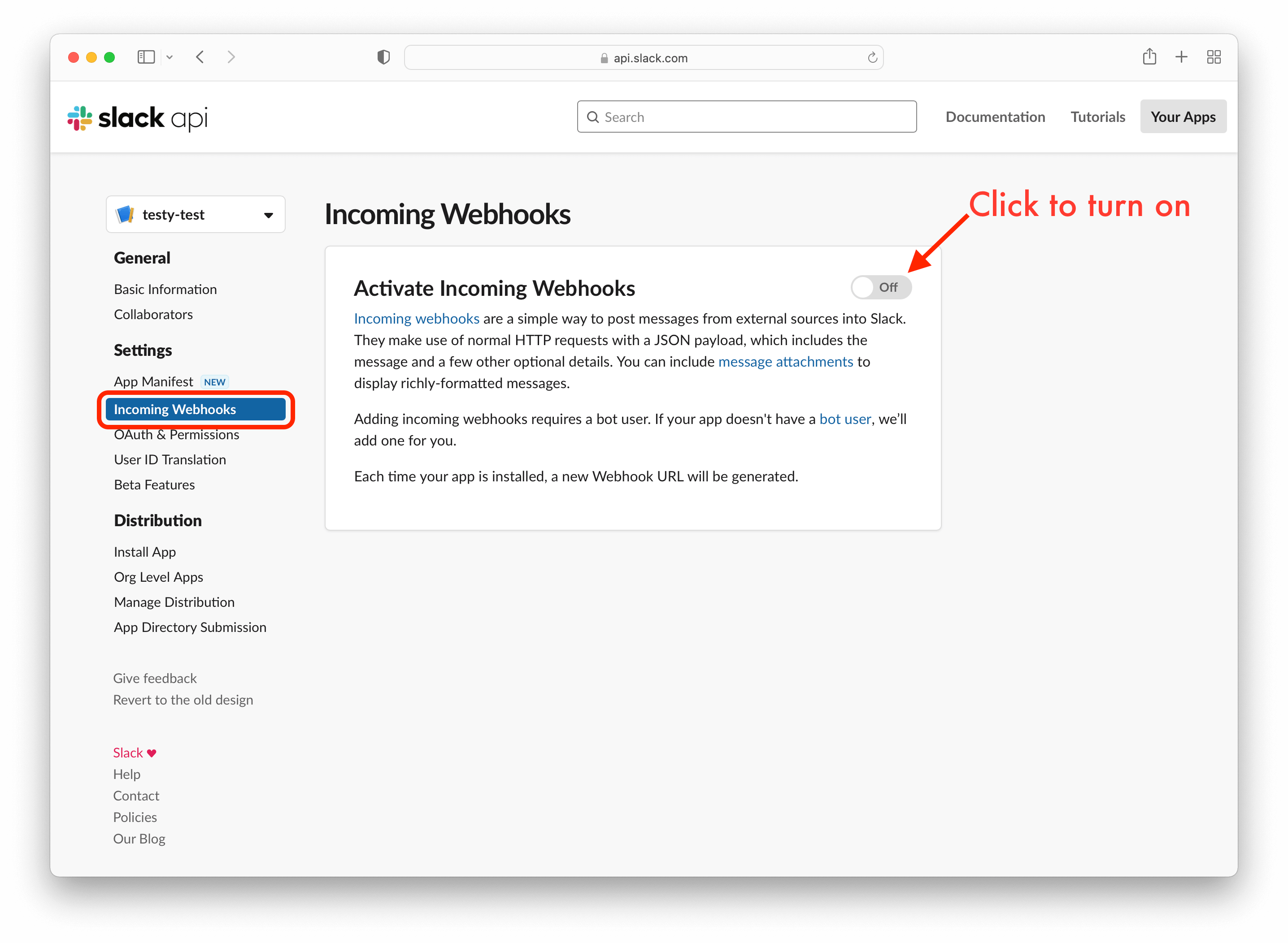 Slack Activate Incoming Webhooks page
