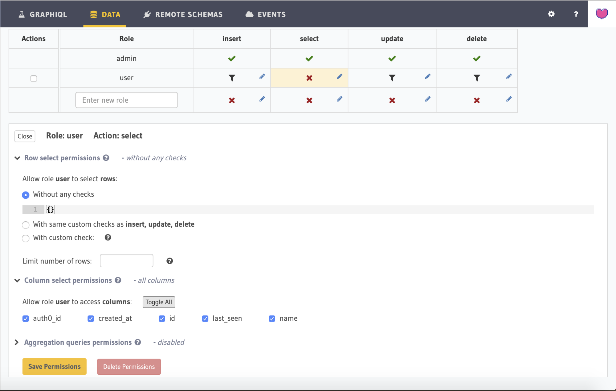 Screenshot showing the configuration for the 'select' permissions