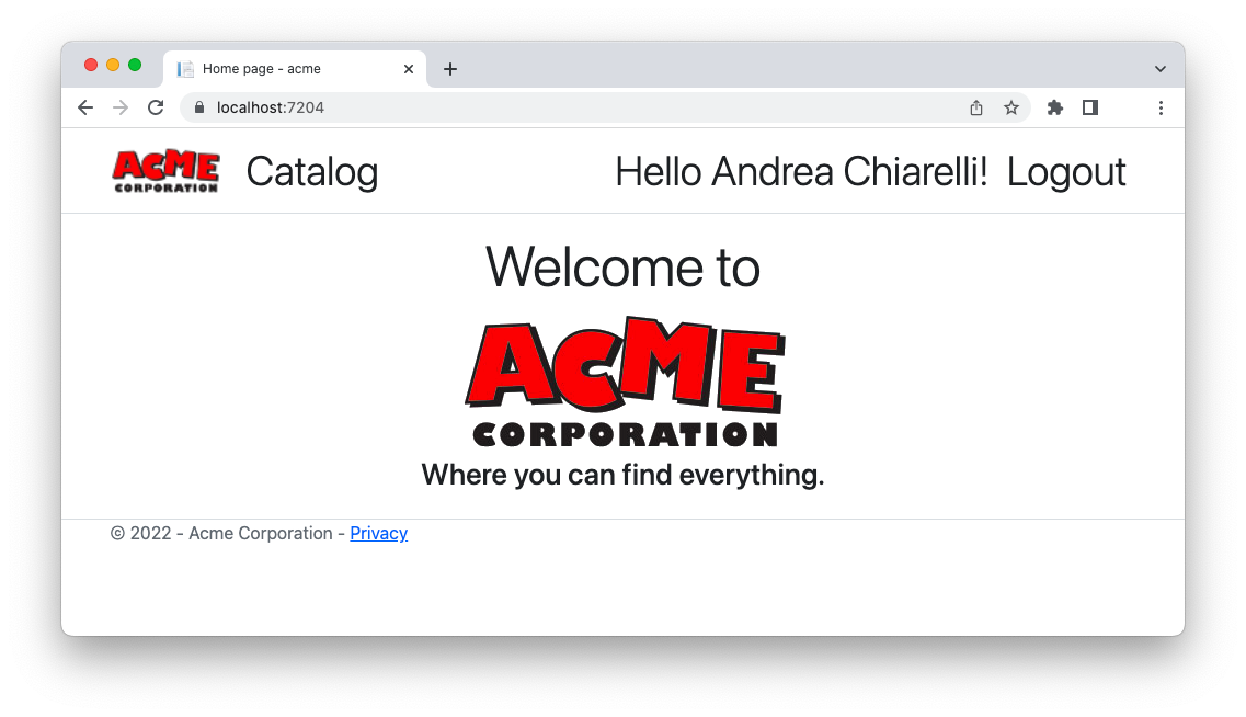 ACME homepage with profile link