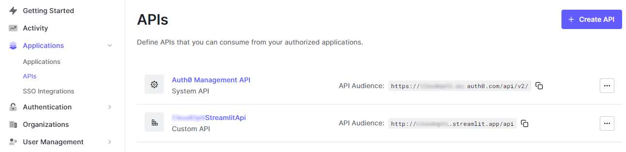 Auth0 Create API Page