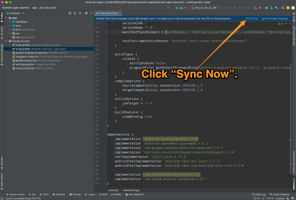 The starter project in Android Studio. The reader is directed to click the “Sync Now” link.
