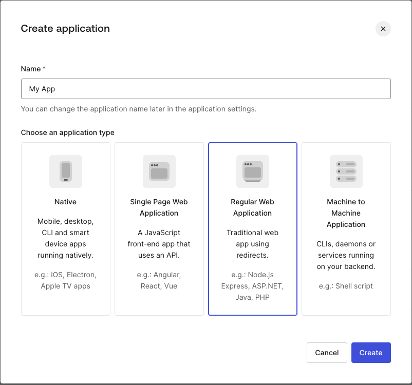 The Auth0 dashboard' screen to register a web application.