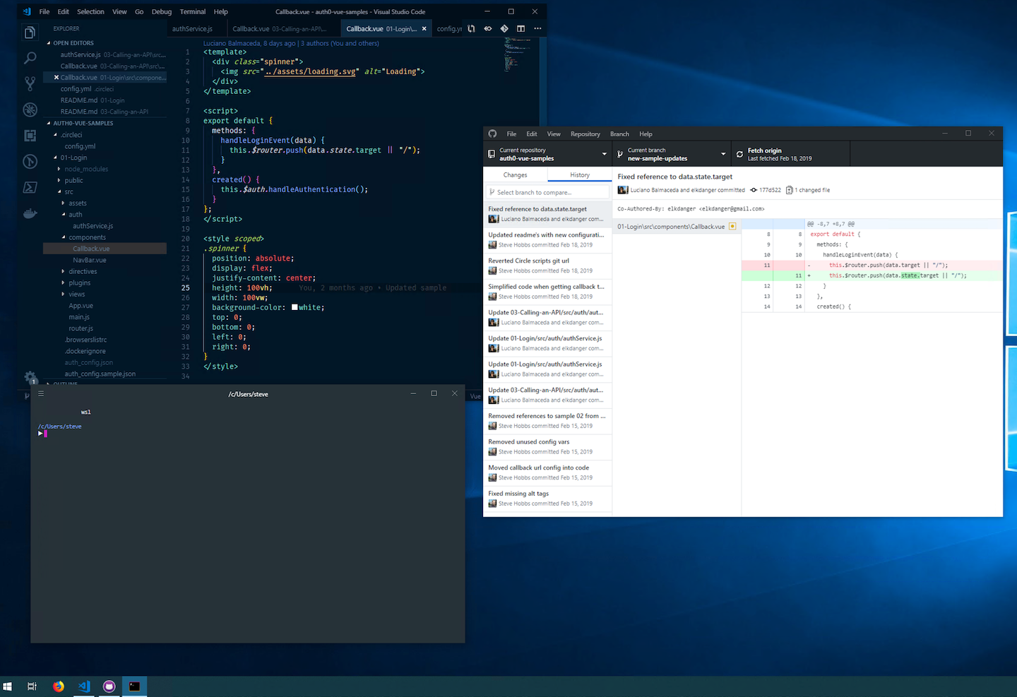 Windows desktop running Visual Studio Code, GitHub Desktop and WSL