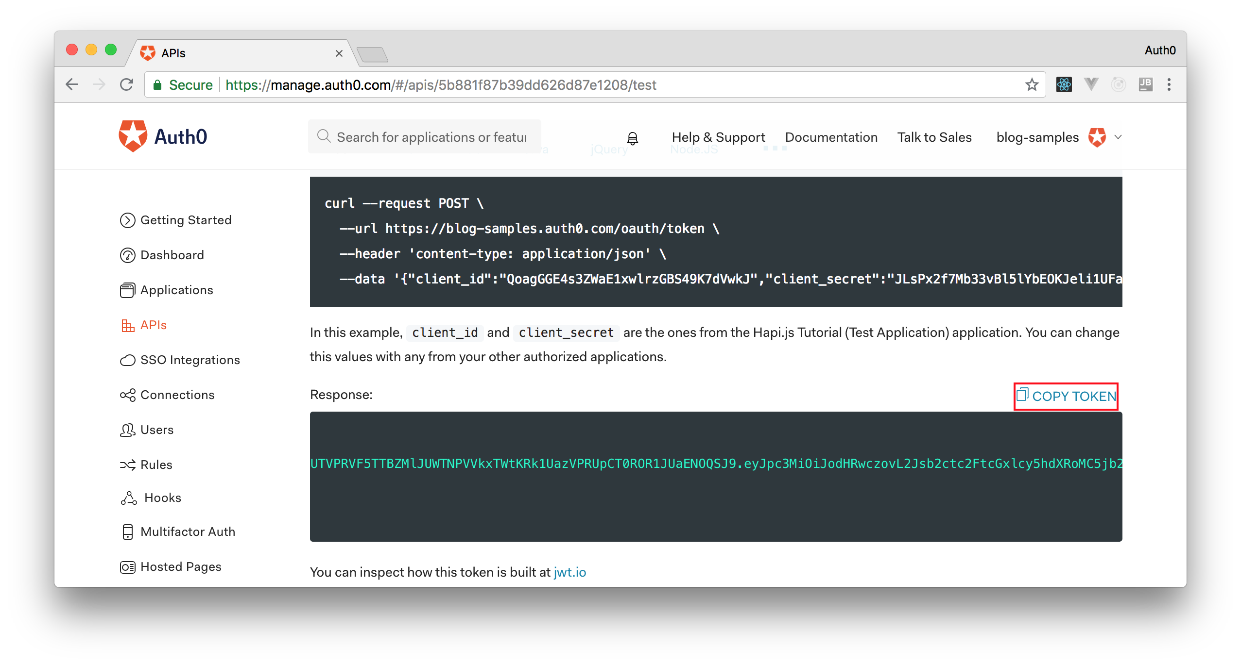 Copying a test token from the Auth0 dashboard.