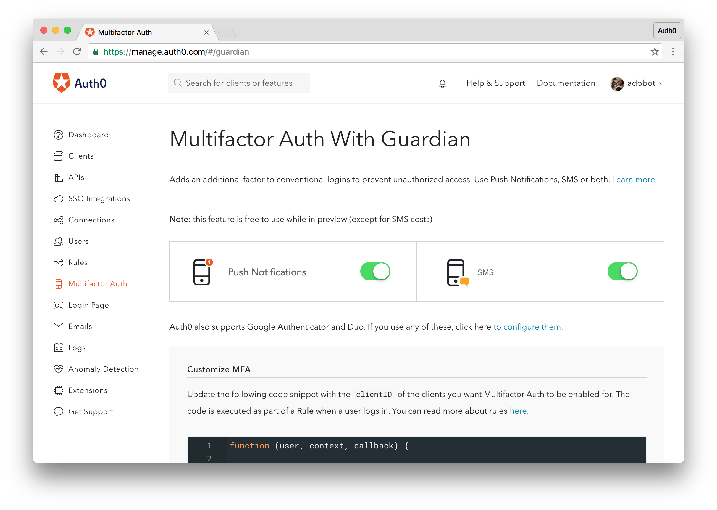 Easily enable Auth0 Guardian from the Guardian dashboard