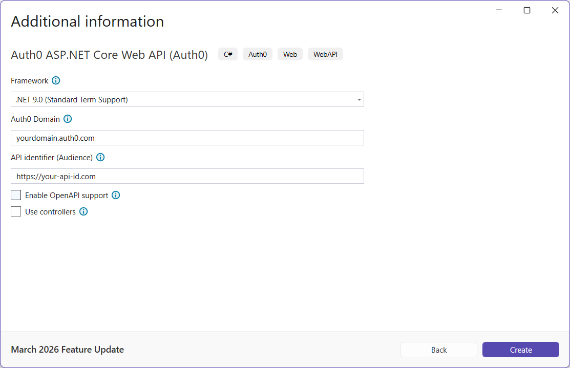 Configuration form for the Auth0 ASP.NET Core Web API template.