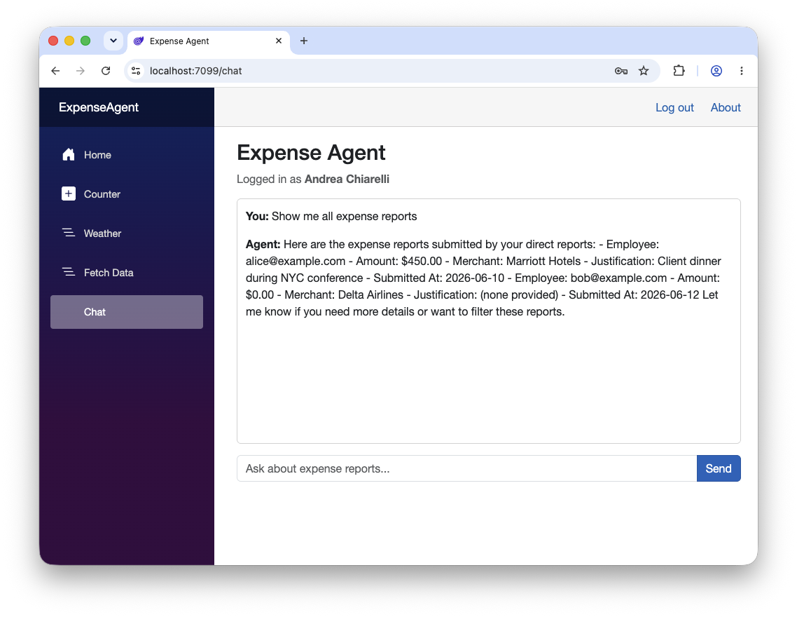 Expense agent shows filtered reports