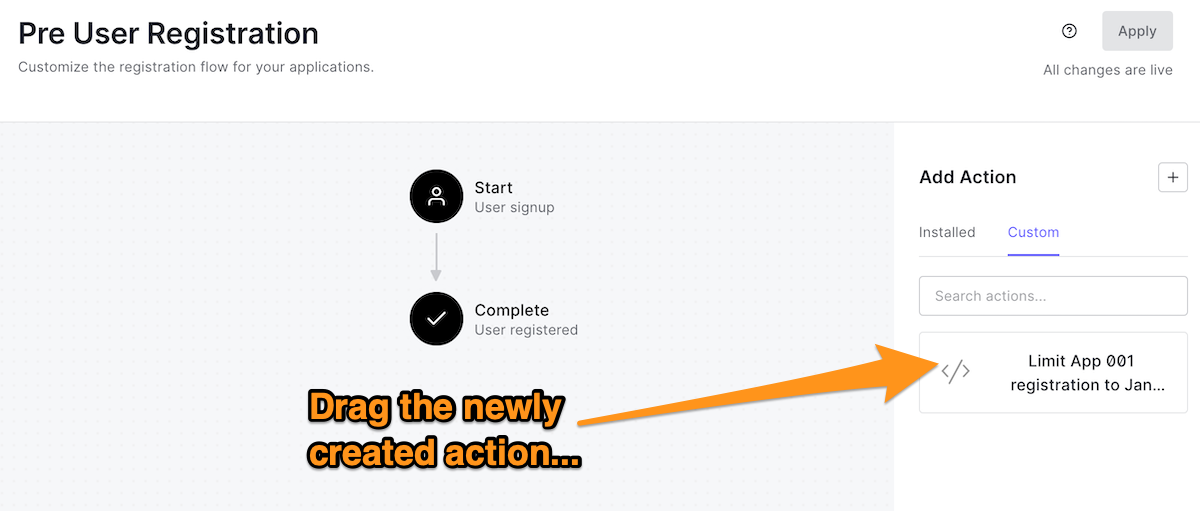 The “Pre User Registration” flow, with an instruction to start dragging the newly-created action.