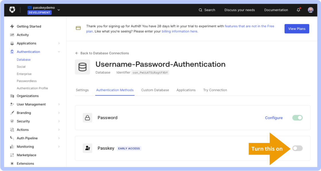 Authentication Methods tab, with Passkey switch in the “off“ position