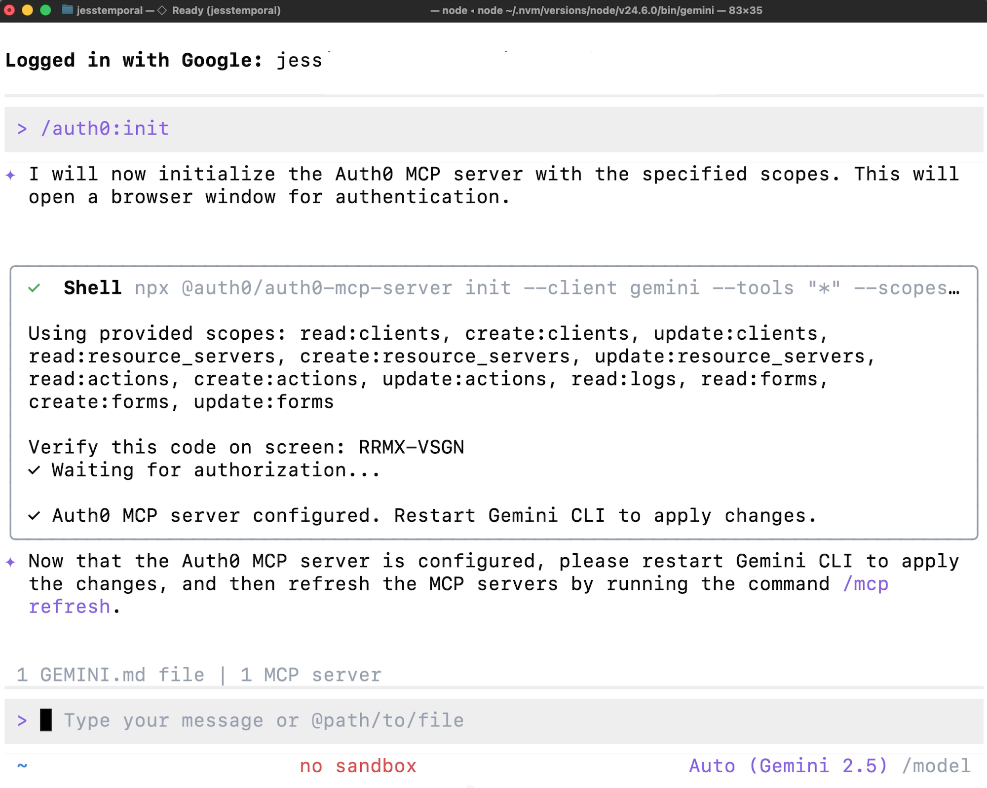 Gemini CLI terminal displaying successful Auth0 MCP Server initialization with tenant connection confirmed