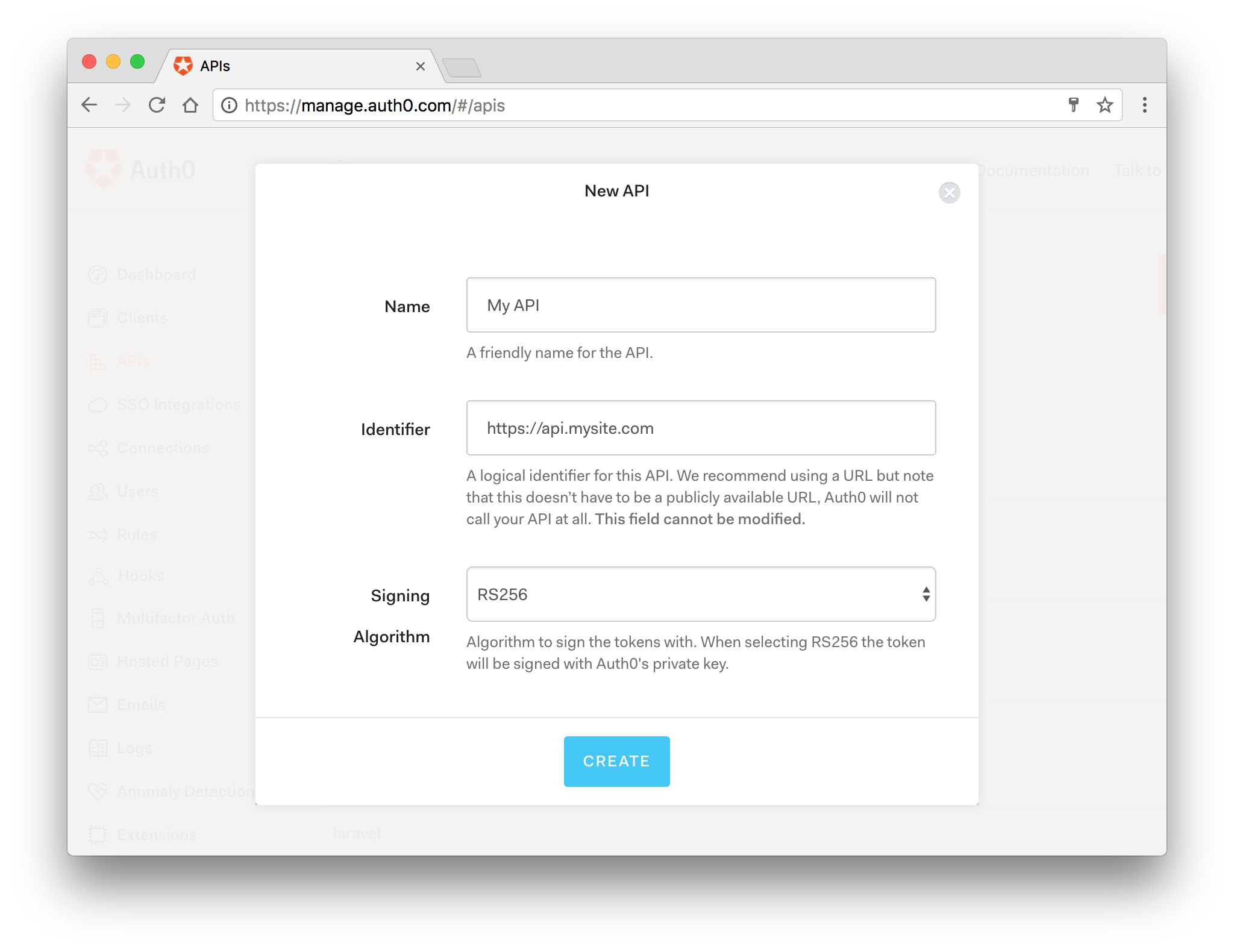 Create API on Auth0 dashboard