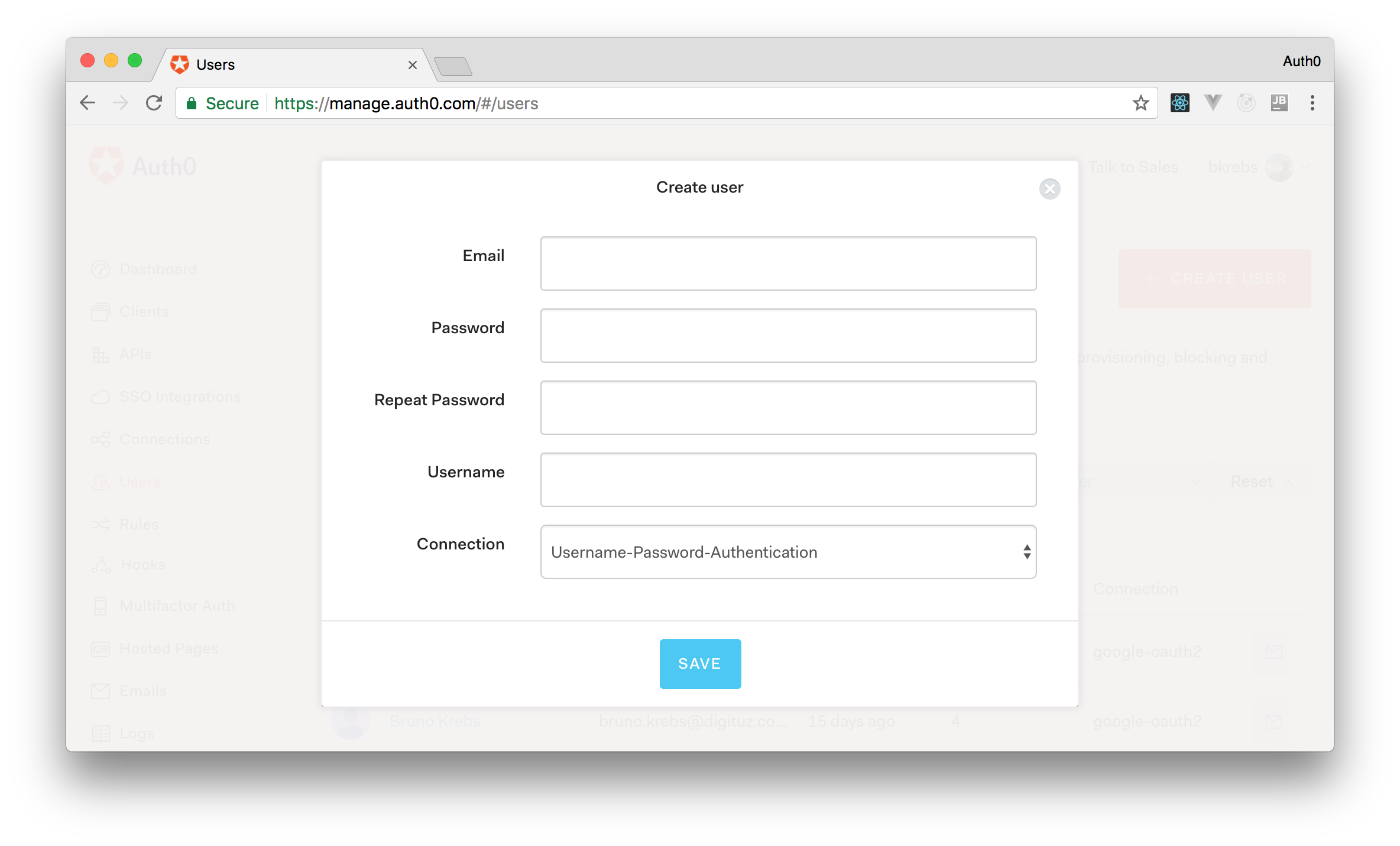 Creating users through the Auth0 management dashboard