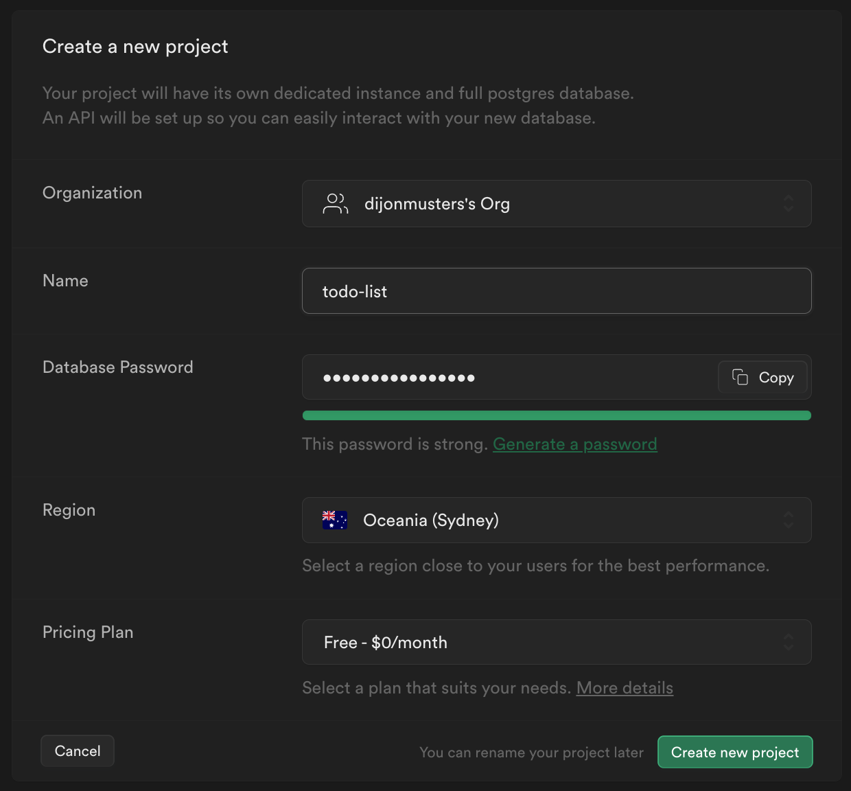 New Supabase project settings