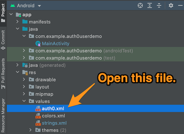 Android app structure with “auth0.xml” file highlighted