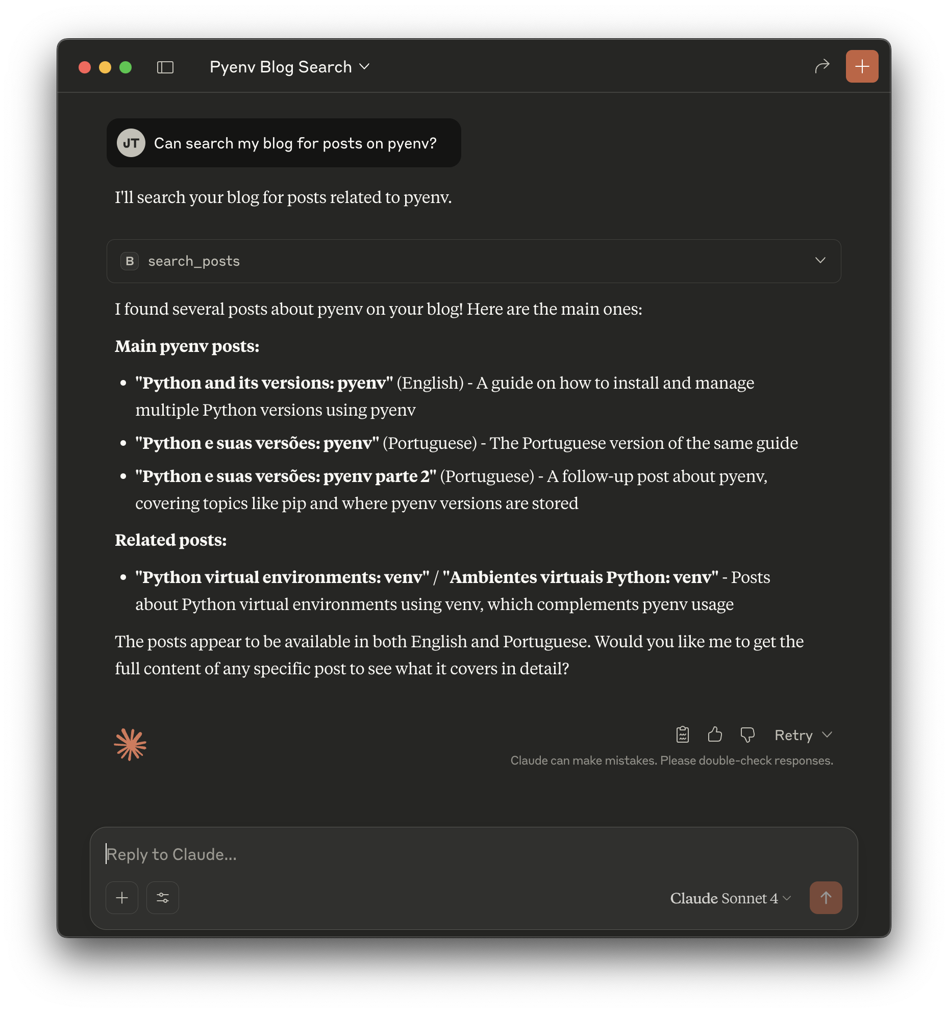 The Claude chat interface displaying formatted search results after running the search_posts tool, listing several blog posts related to 'pyenv'.
