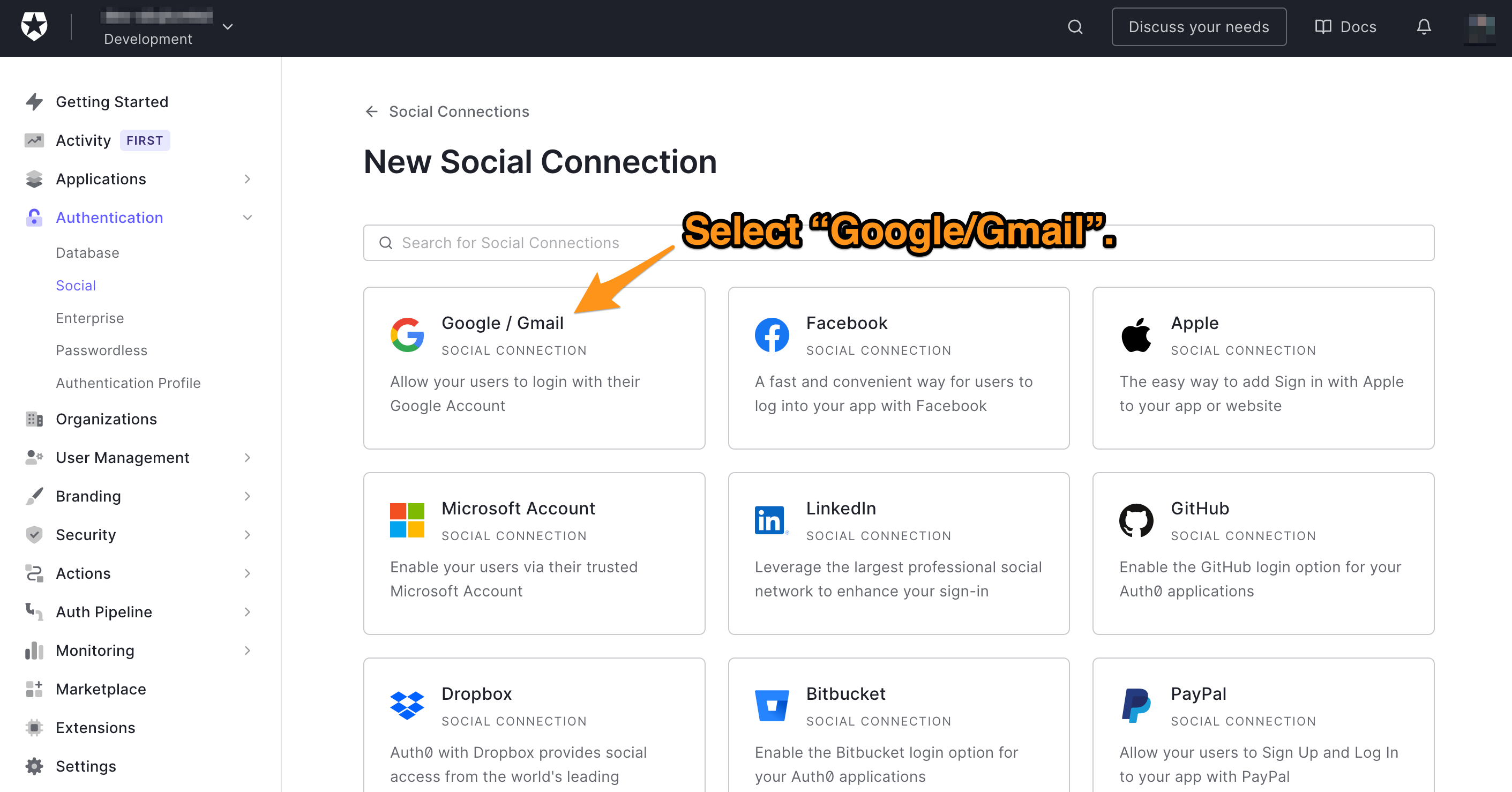 The “New Social Connection” page in the Auth0 dashboard, with instructions to create a new Google/Gmail connection.