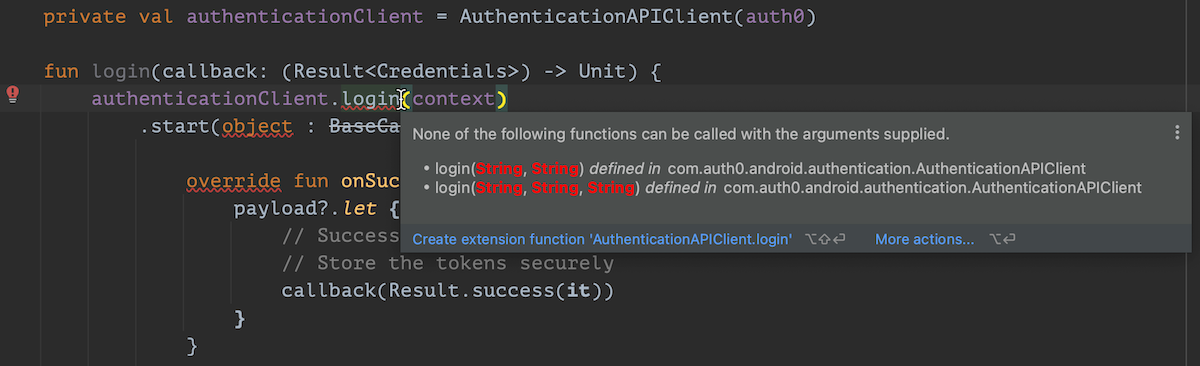 Screen capture of Android Studio. The cursor is positioned over authenticationClient.login() and a pop-up displaying an error message has appeared.