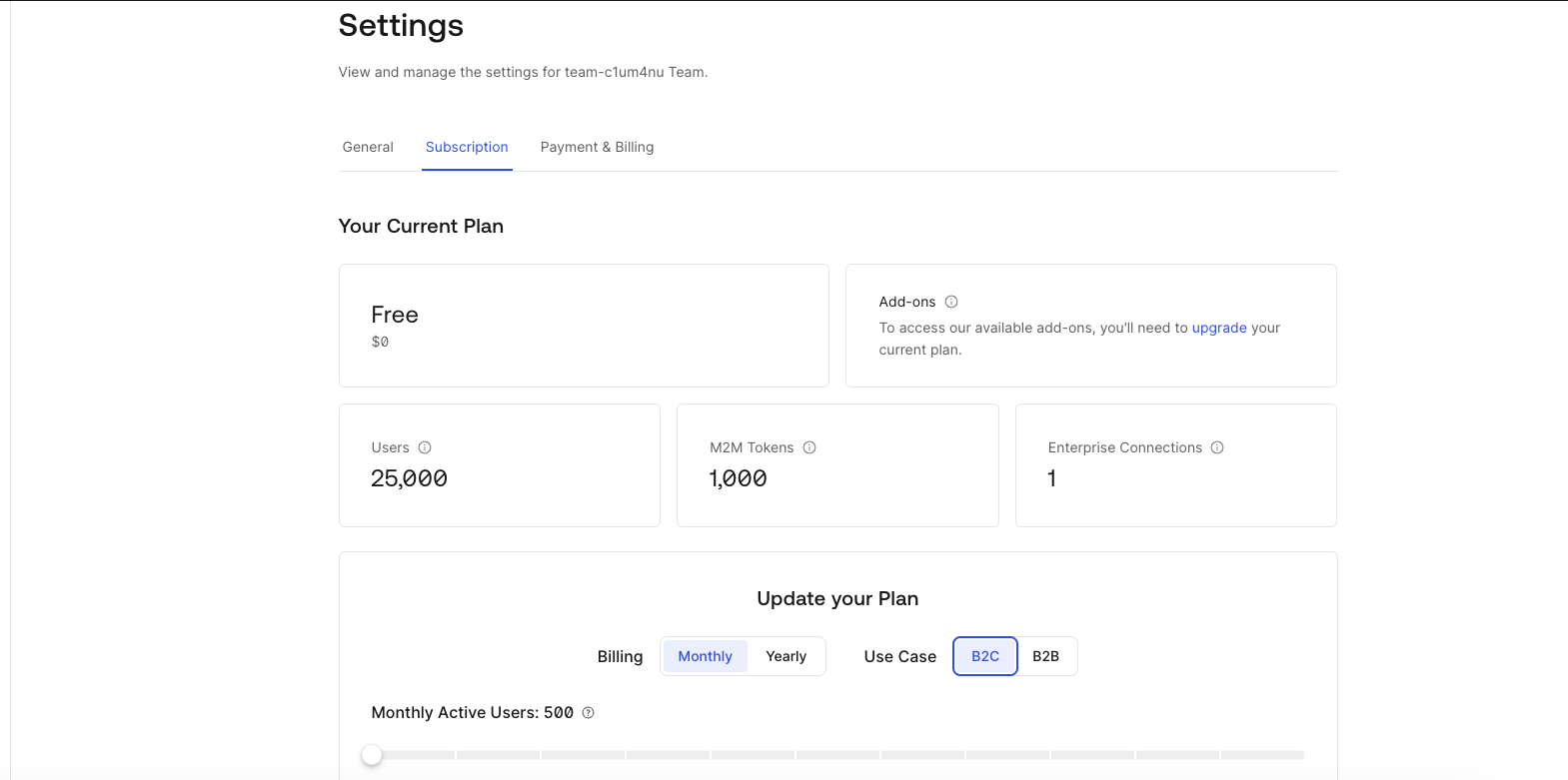 Auth0 Dashboard Subscriptions Tab Settings
