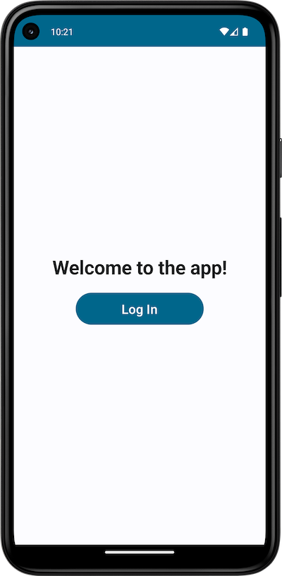 The app displays the message “Welcome to the app!” and the “Log in” button.