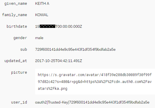 Auth0 trusted key identity data