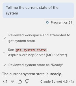 Running the Get System State tool of the MCP server in the Copilot chat of VSCode