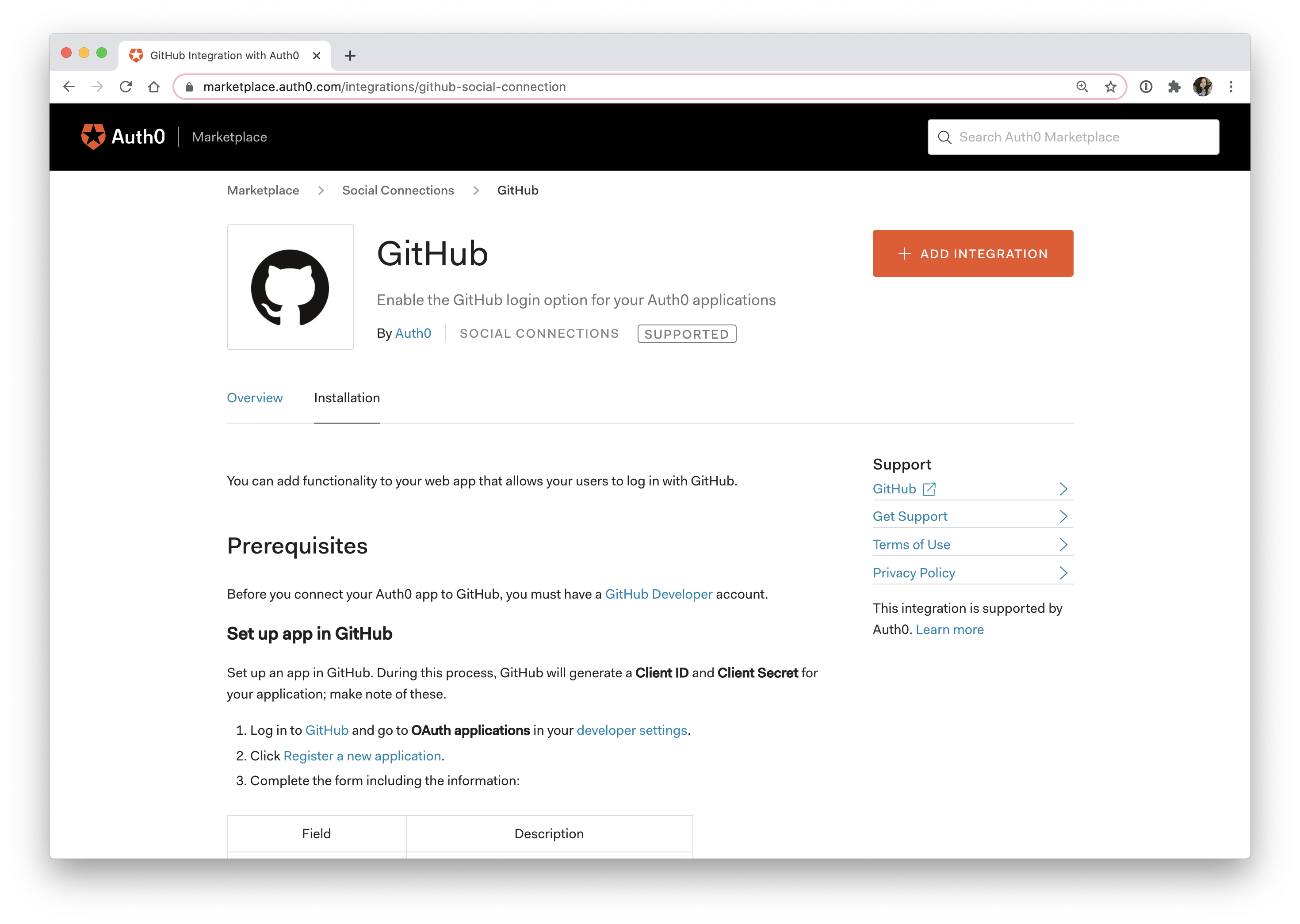 Auth0 Marketplace GitHub social connection installation steps