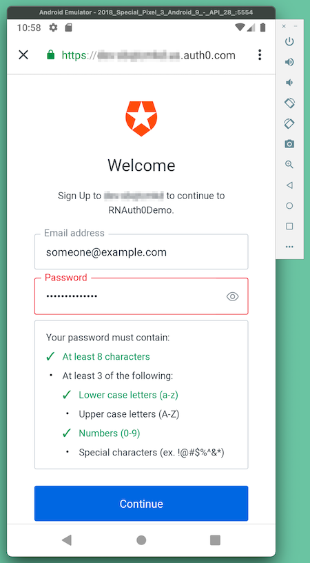 The Universal Login “Sign up” screen, which is displaying hints for the password policy.