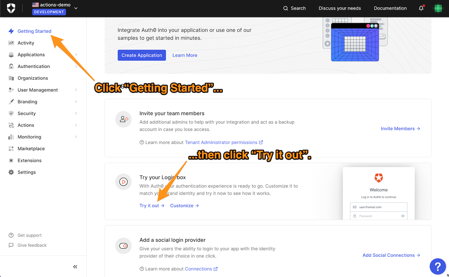 Auth0 Dashboard’s "Getting Started" page, with instructions to click the "Getting Started" link, followed by the "Try it out" link.