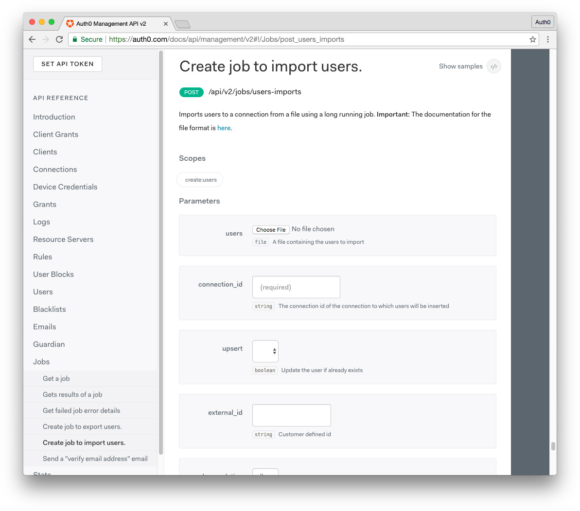 Auth0 management API import users create job