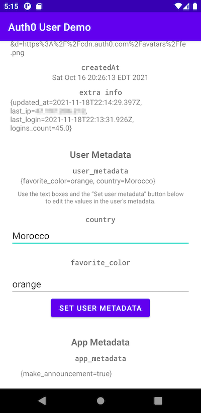 The bottom portion of the app’s main screen, featuring the user metadata and app metadata
