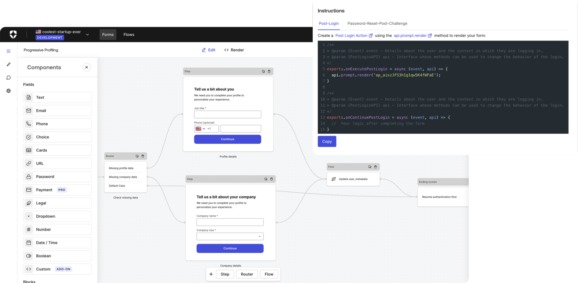 Screenshot of progressive profiling Action code + rendered code