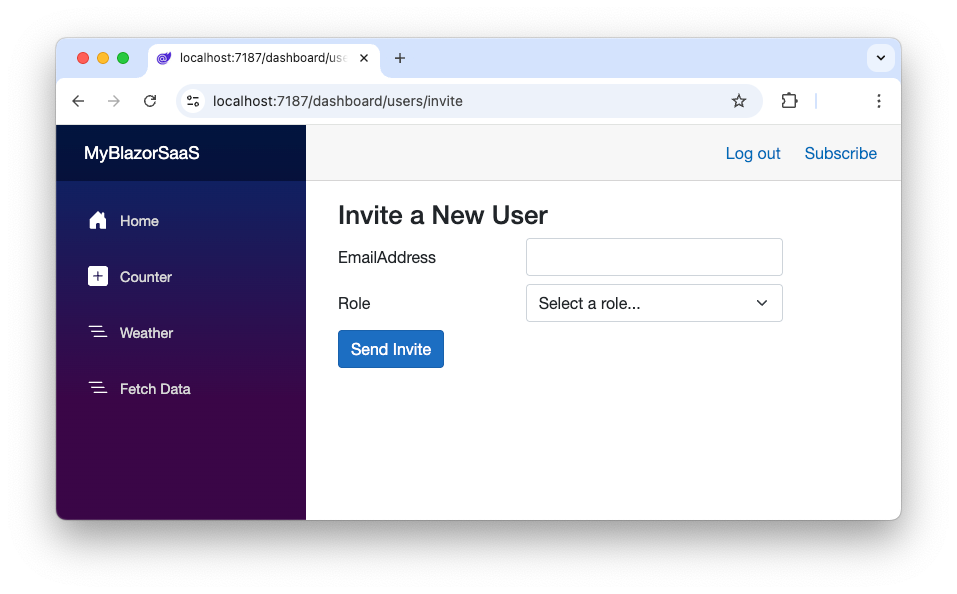 User onboarding invitation form in a B2B SaaS Blazor application with fields for email and role.