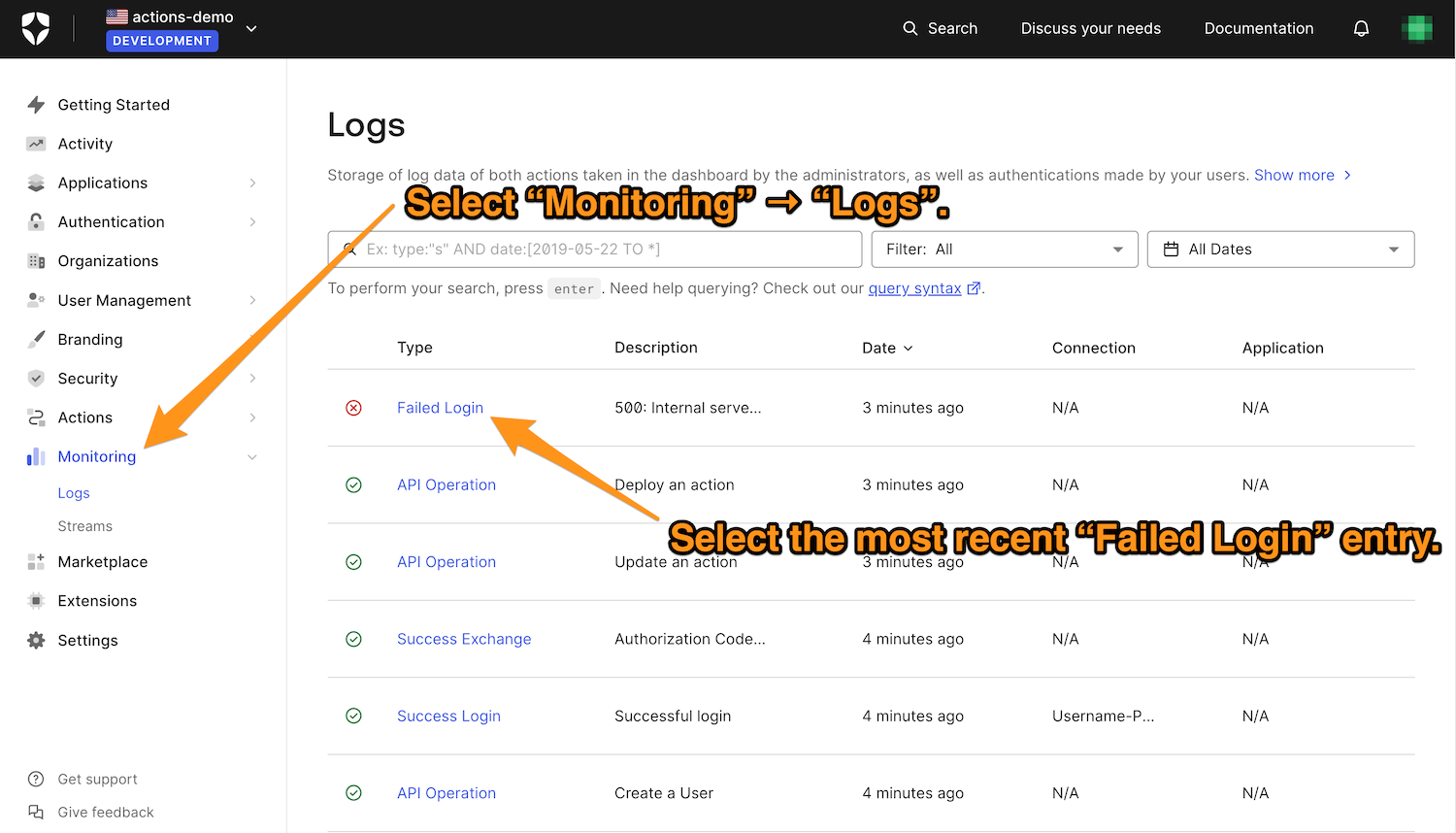 “Logs” page in the Auth0 Dashboard, showing instructions to select “Monitoring” → “Logs” in the left menu and then select the most recent “Failed Login” entry.