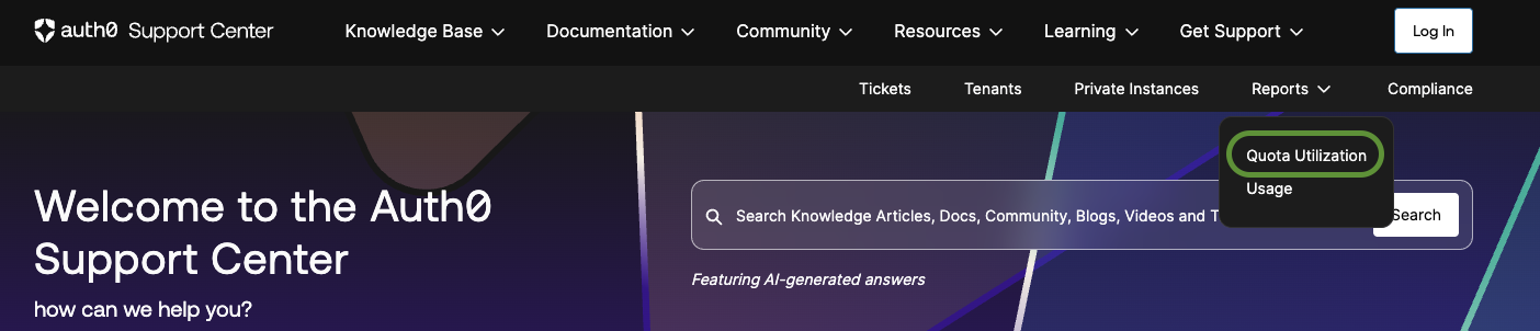 Auth0 Support Center Quota Utilization