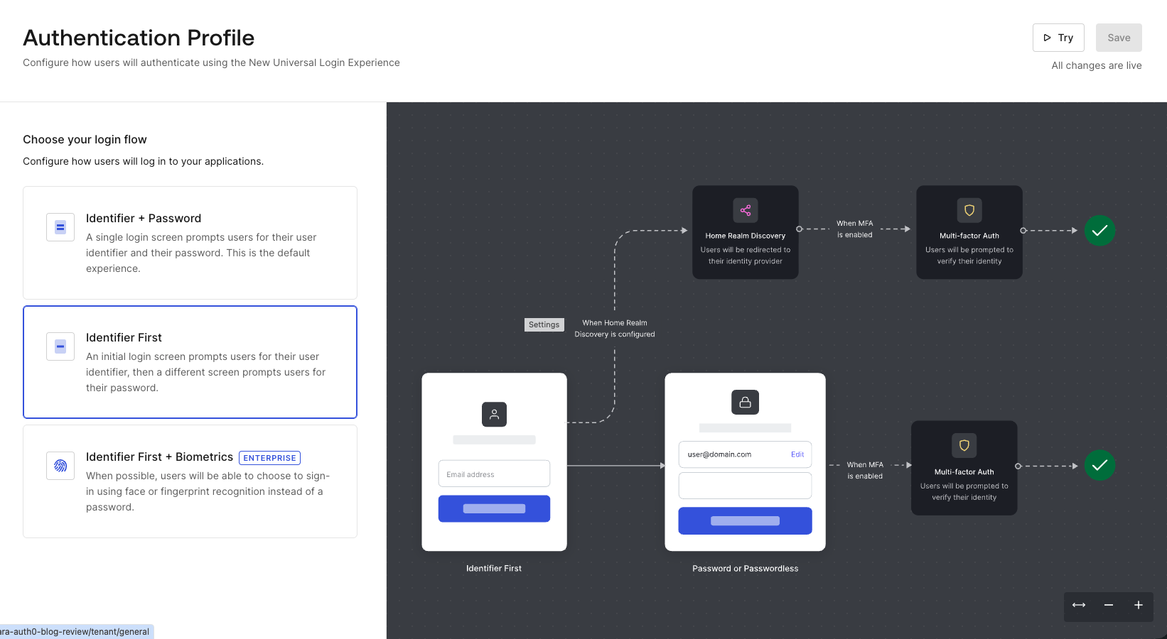 Auth0 Management Dashboard - Authentication Profile