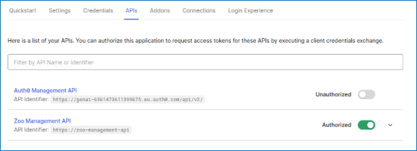 Authorizing the "Zoo Management API" for the agent application in the Auth0 dashboard.