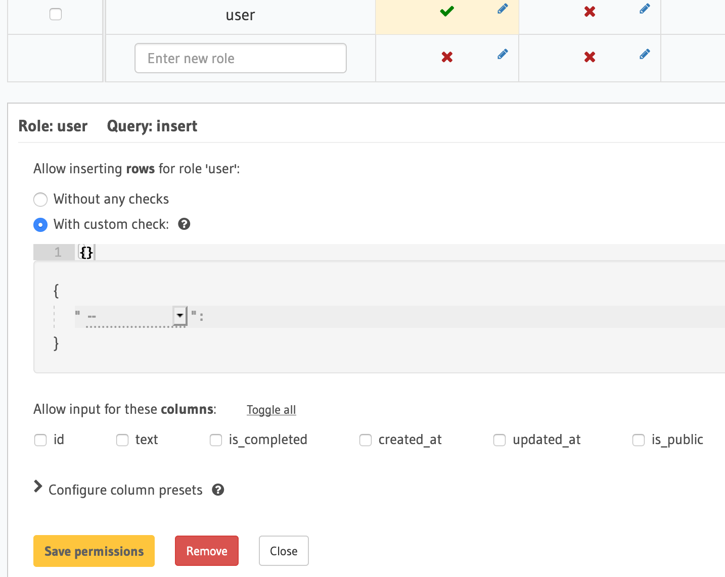 Configuring a custom check inside the Hasura Console