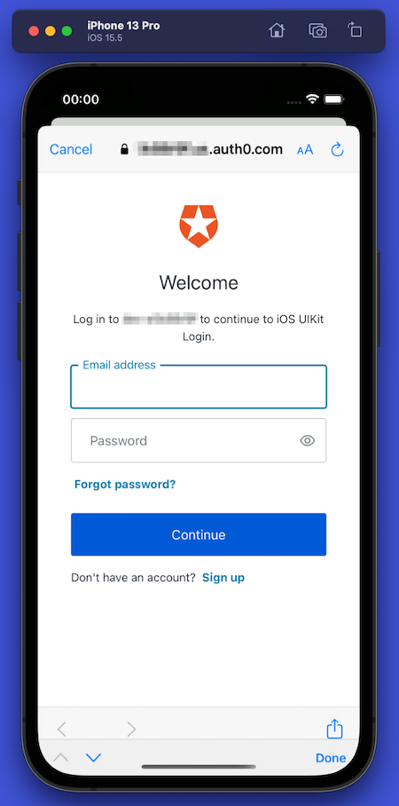 The default Auth0 Universal Login web page, with Auth0 logo and “email address” and “password” fields.