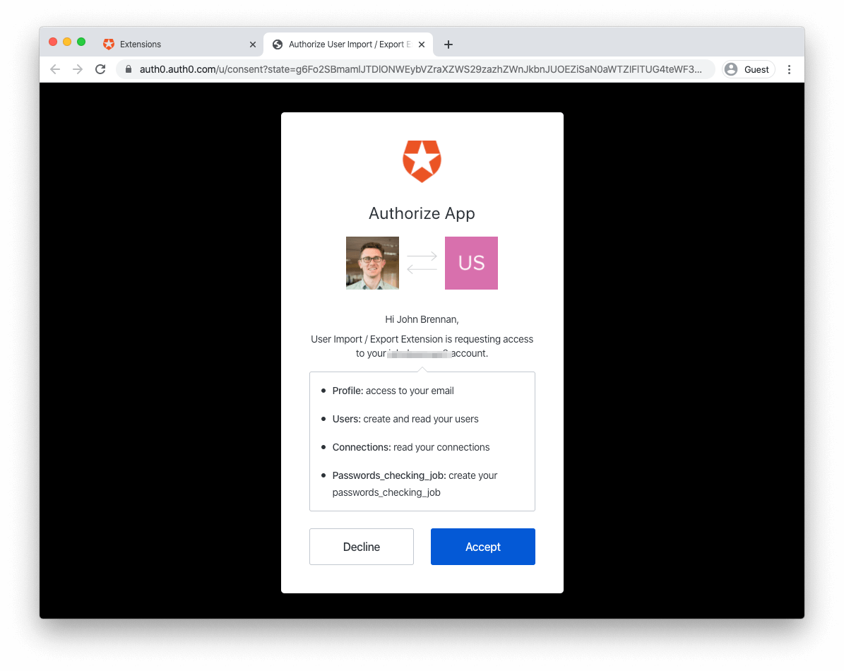 authorization screen for Auth0 extension