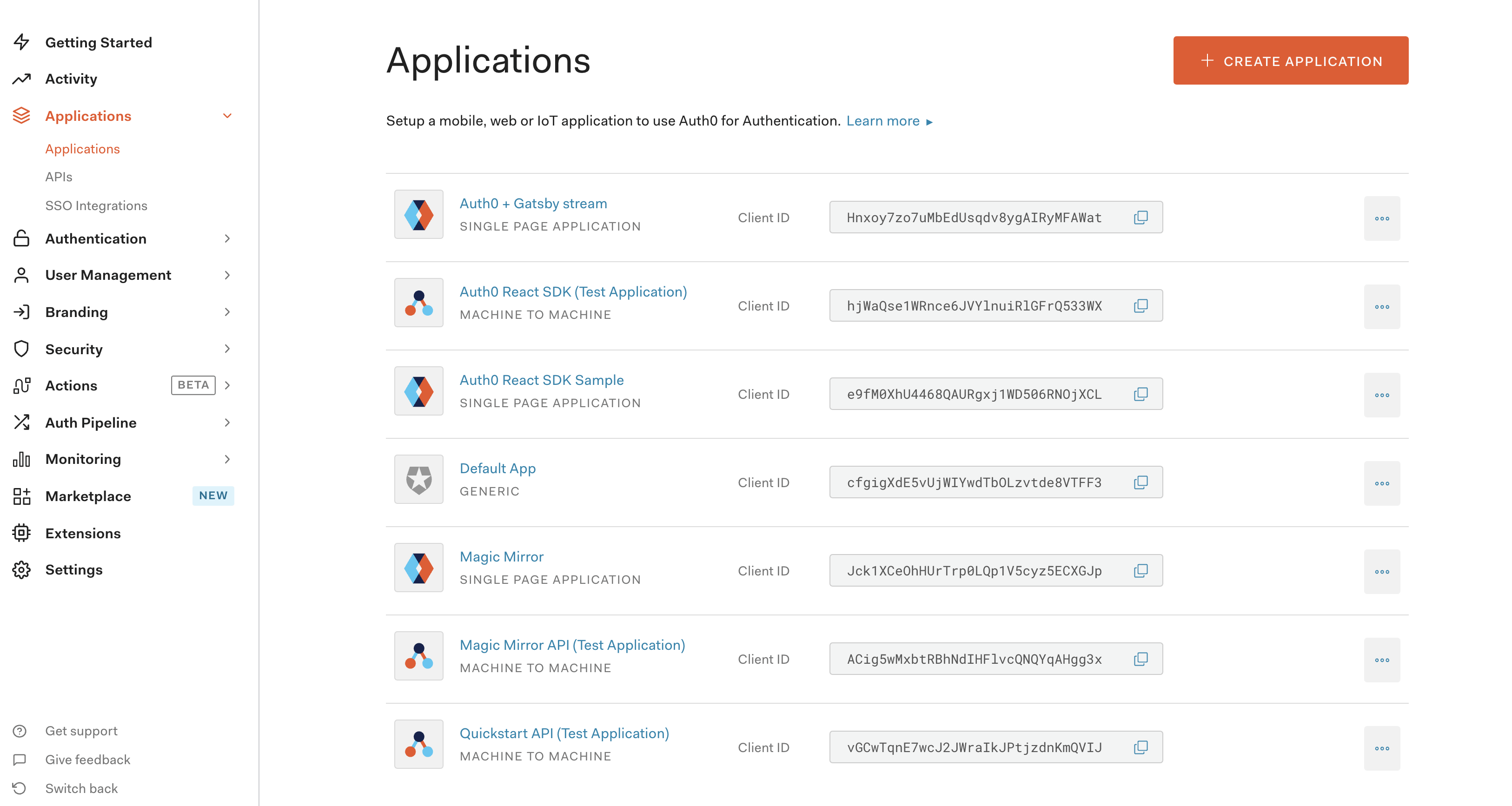 Screenshot of Auth0 applications dashboard