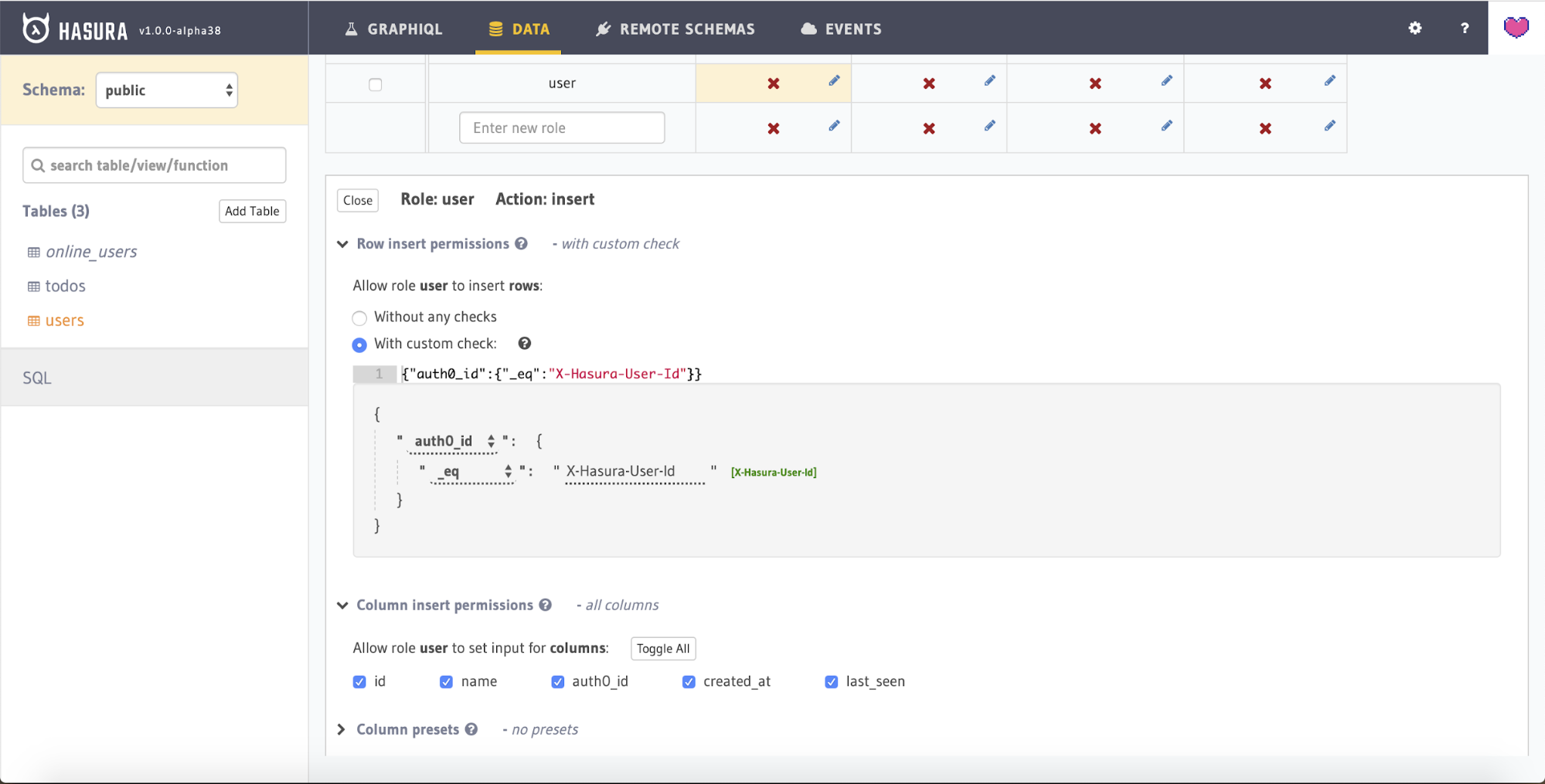 Screenshot showing the allowed fields for the users table