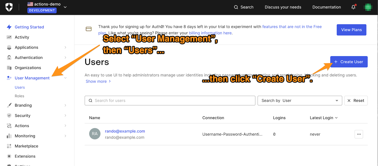 Auth0 Dashboard, showing instructions to Select "User Management", then "Users", then click "Create User".