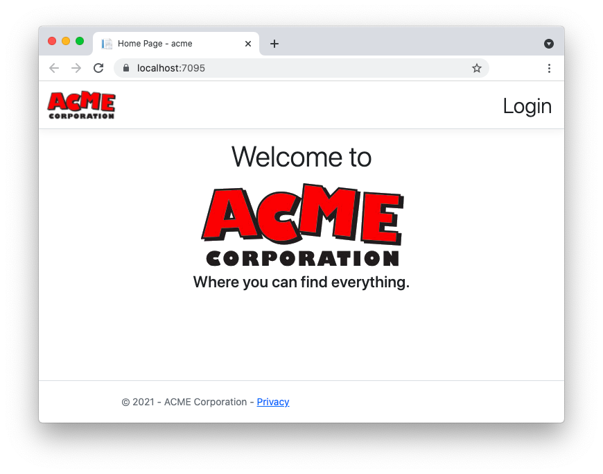 ACME home page with login