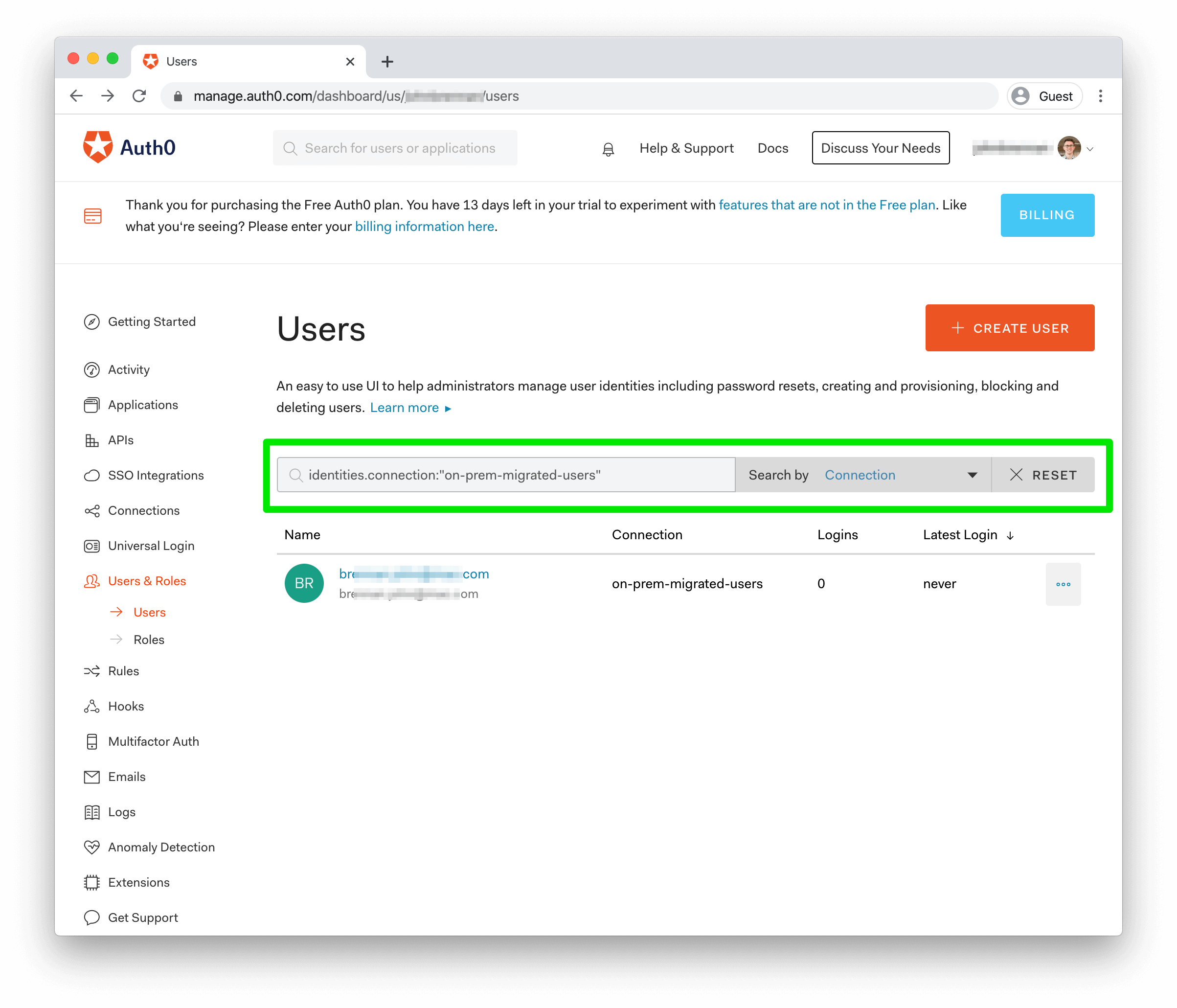 Auth0 users page using connection filter