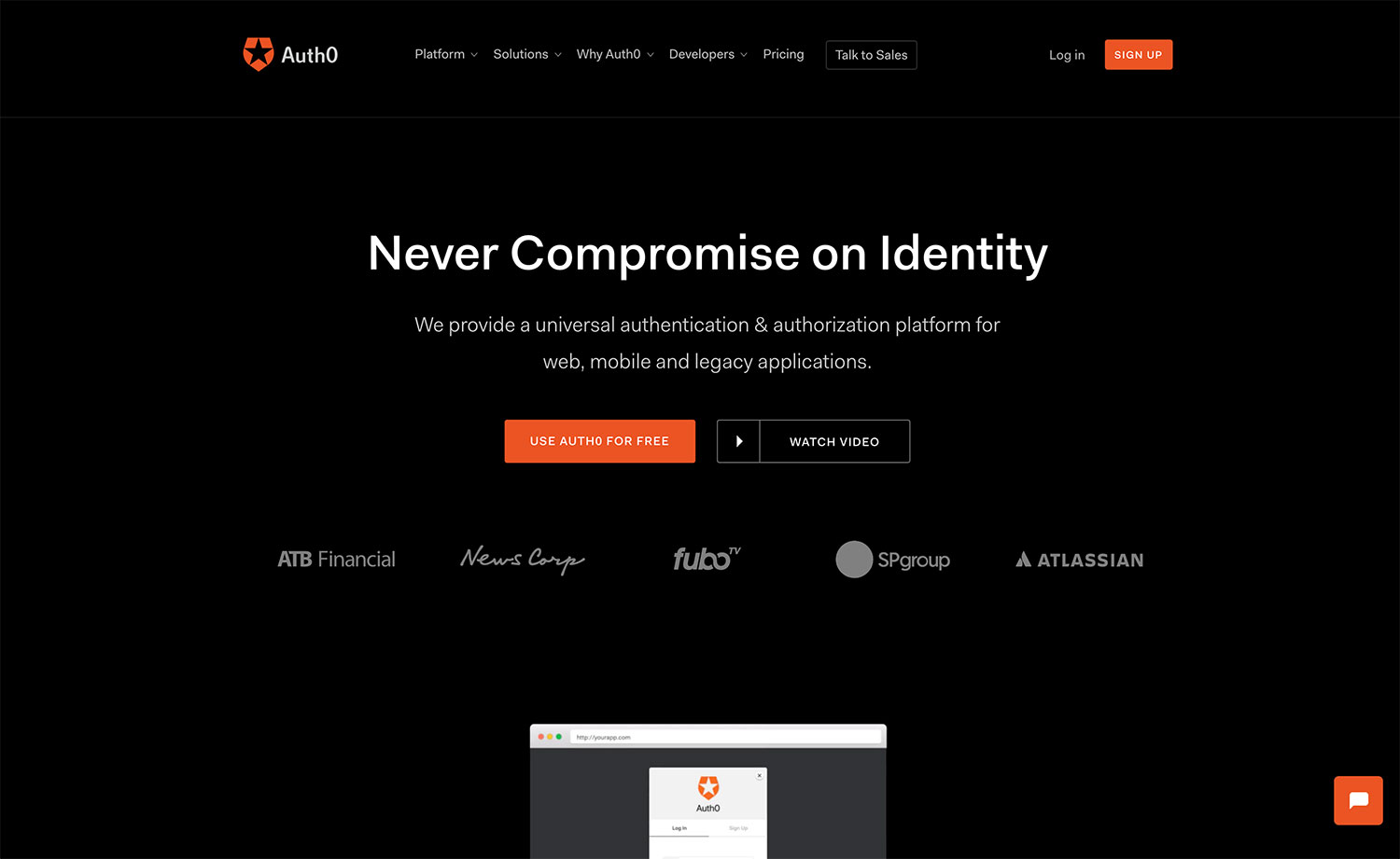 Screenshot of Auth0's homepage of website