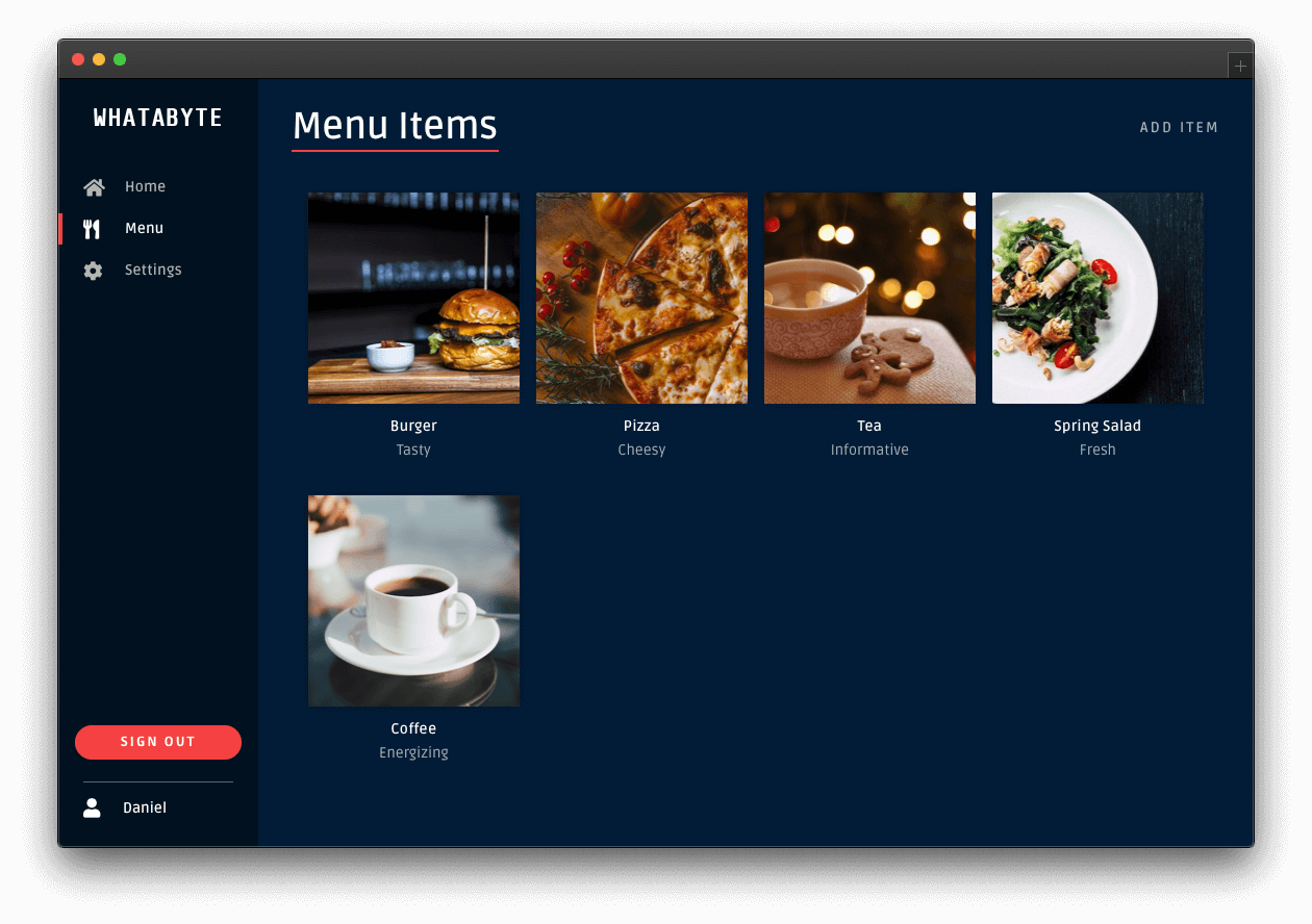 Menu page showing a newly added menu item, coffee