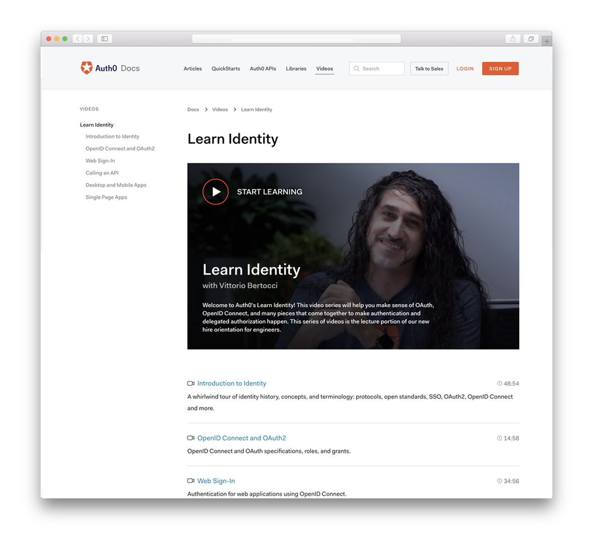 An image of Auth0 Docs Learn Identity homepage