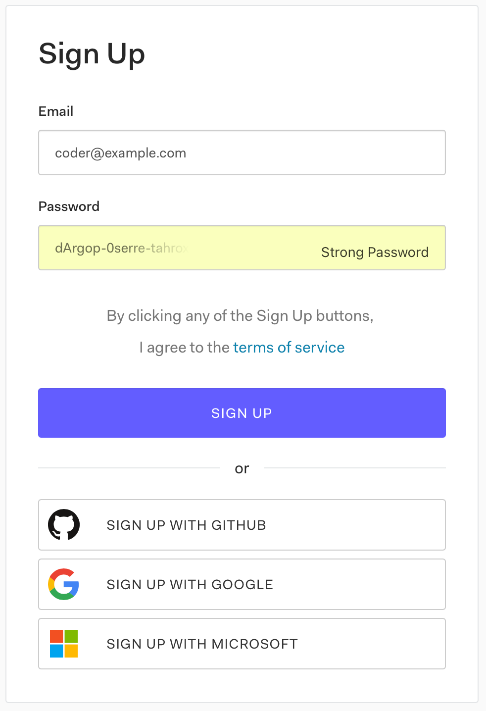 Auth0’s “Sign Up” form, which has “Email” and “Password” fields, and links to sign up with a GitHub, Google, and Microsoft account.