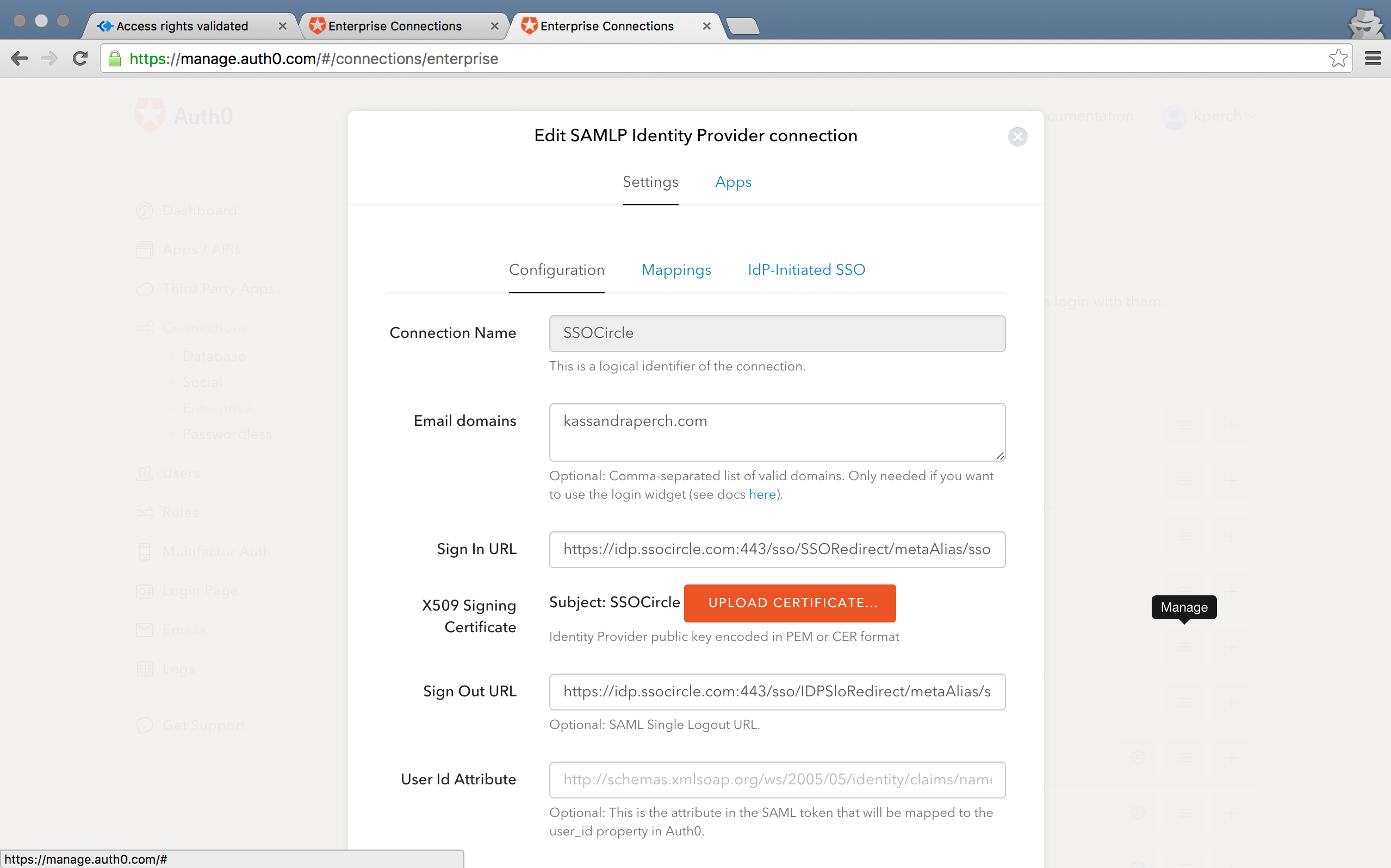 SAML Authentication Configuration Window